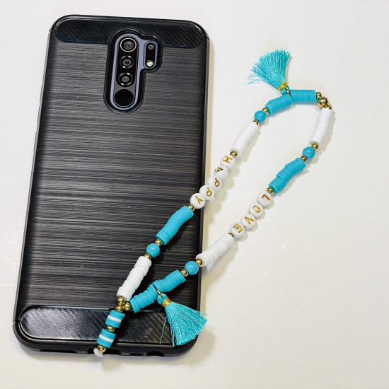 Grossiste accessoires smartphone, bijoux de téléphone "Love happy" pompon turquoise