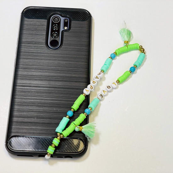 Grossista di accessori per smartphone, gioielli per telefoni "Love happy" pompon verde