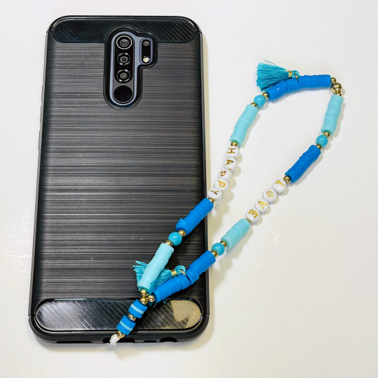 Mayorista de accesorios para smartphone, "Love happy" joyas para teléfono pompón azul oscuro