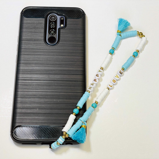 Mayorista de accesorios para smartphone, "Love happy" joyas para teléfono pompón azul claro