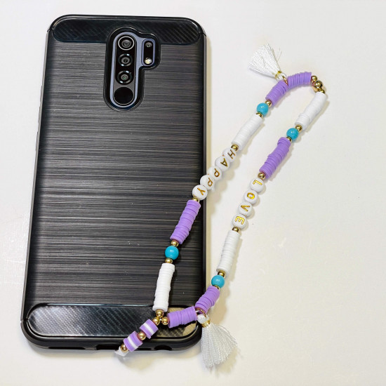 Grossista di accessori per smartphone, gioielli per telefono "Love happy" con pompon lilla